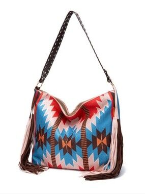 NWT Boho Western Aztec Print Shoulder Hobo Bag with fringe Tassels
